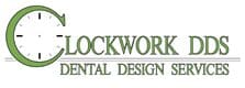 Logo of clockwork dds, dental design services featuring a stylized clock as part of the letter "c".