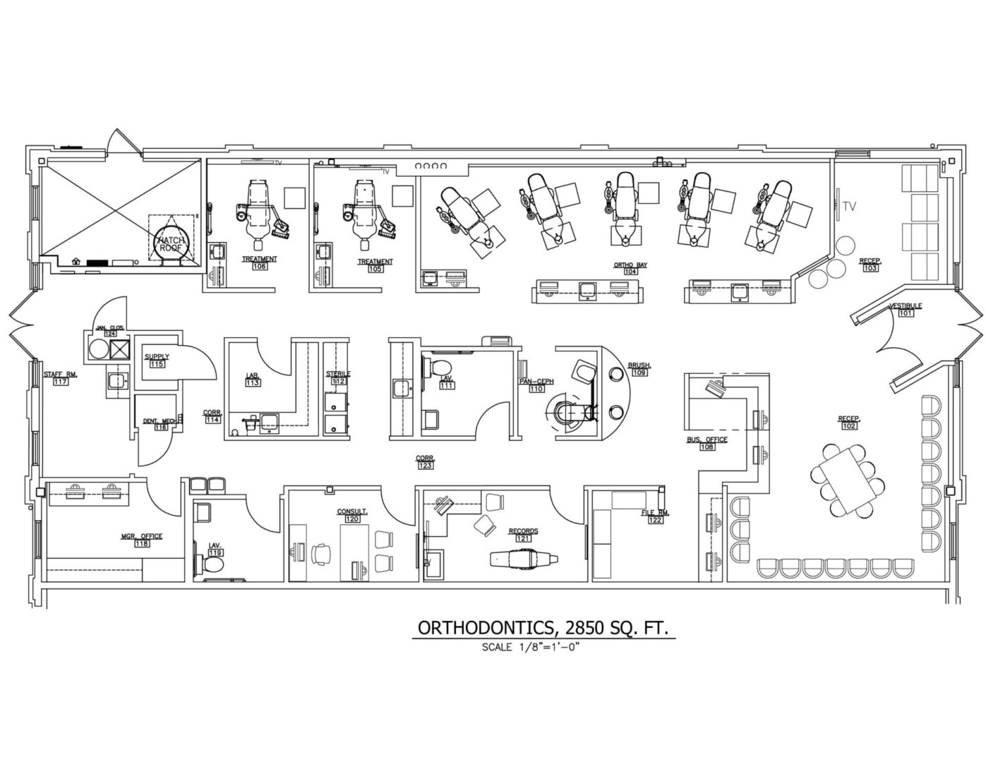 A floor plan of an office building with many different chairs.